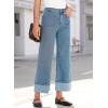 imageEVALESS Womens Jeans High Waisted Stretchy Cuffed Wide Leg Denim Pants with PocketsNavy Blue
