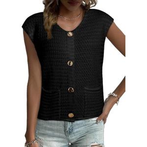 imageEVALESS Casual Cropped Crochet Cardigan Sweaters for Women Trendy Summer V Neck Sleeveless Sweater Vest Button Up CardigansBlack