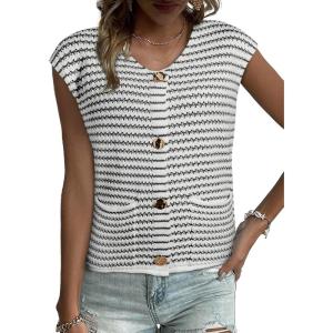 imageEVALESS Casual Cropped Crochet Cardigan Sweaters for Women Trendy Summer V Neck Sleeveless Sweater Vest Button Up CardigansBlack Stripe