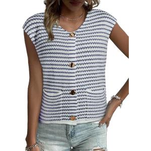 imageEVALESS Casual Cropped Crochet Cardigan Sweaters for Women Trendy Summer V Neck Sleeveless Sweater Vest Button Up CardigansBlue Stripe