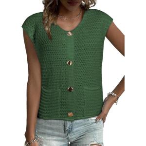 imageEVALESS Casual Cropped Crochet Cardigan Sweaters for Women Trendy Summer V Neck Sleeveless Sweater Vest Button Up CardigansGreen