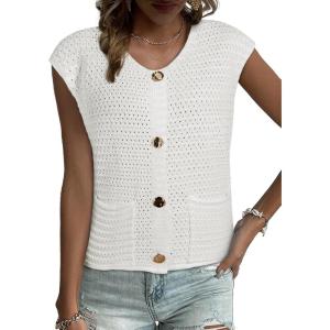 imageEVALESS Casual Cropped Crochet Cardigan Sweaters for Women Trendy Summer V Neck Sleeveless Sweater Vest Button Up CardigansWhite