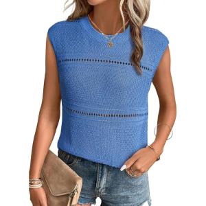 imageEVALESS Sexy Crochet Tank Top for Women Sweater Tank Tops 2025 Trendy Crewneck Sleeveless Summer Tops Hollow Out Knit ShirtsBeau Blue