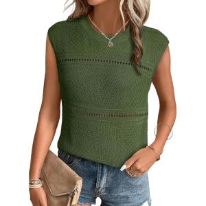 imageEVALESS Sexy Crochet Tank Top for Women Sweater Tank Tops 2025 Trendy Crewneck Sleeveless Summer Tops Hollow Out Knit ShirtsSmoke Green