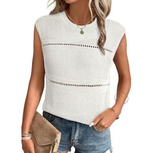 imageEVALESS Sexy Crochet Tank Top for Women Sweater Tank Tops 2025 Trendy Crewneck Sleeveless Summer Tops Hollow Out Knit ShirtsWhite