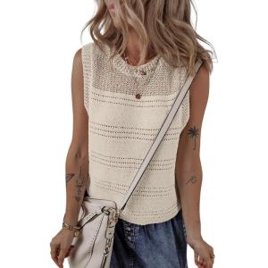 imageEVALESS Sweater Vest Women Cute Spring Summer Crewneck Knit Sleeveless Crochet TopsBeige