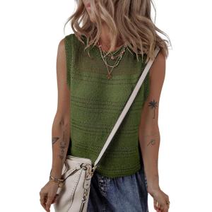 imageEVALESS Sweater Vest Women Cute Spring Summer Crewneck Knit Sleeveless Crochet TopsJungle Green