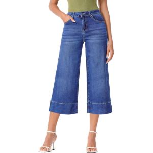 imageEVALESS Wide Leg Jeans for Women High Waisted Capri Pants Trendy Stretchy Straight Baggy Denim PantsAshleigh Blue