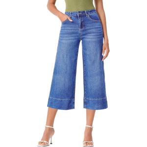 imageEVALESS Wide Leg Jeans for Women High Waisted Capri Pants Trendy Stretchy Straight Baggy Denim PantsBeau Blue
