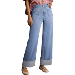 imageEVALESS Womens Jeans High Waisted Stretchy Cuffed Wide Leg Denim Pants with PocketsBeau Blue