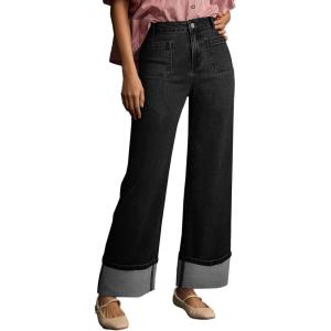 imageEVALESS Womens Jeans High Waisted Stretchy Cuffed Wide Leg Denim Pants with PocketsBlack