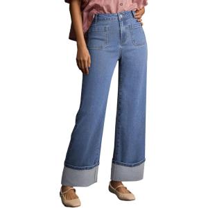 imageEVALESS Womens Jeans High Waisted Stretchy Cuffed Wide Leg Denim Pants with PocketsIvy