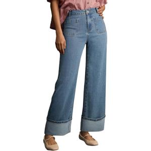 imageEVALESS Womens Jeans High Waisted Stretchy Cuffed Wide Leg Denim Pants with PocketsNavy Blue