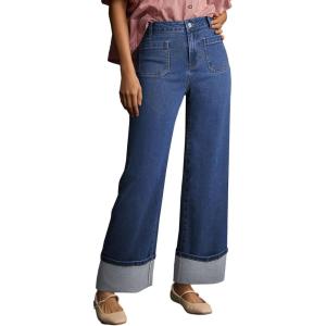 imageEVALESS Womens Jeans High Waisted Stretchy Cuffed Wide Leg Denim Pants with PocketsSail Blue