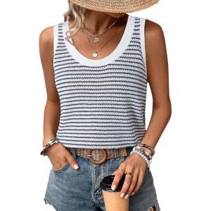 imageEVALESS Womens Tank Tops Summer Sleeveless Crewneck Ribbed Knit Striped Loose Fitted Blouses Basic Tees Cami ShirtsBlue Stripe