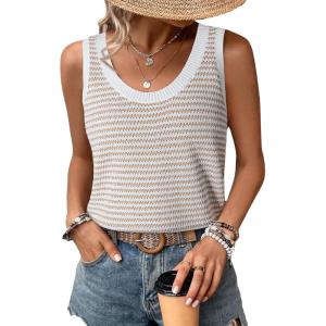 imageEVALESS Womens Tank Tops Summer Sleeveless Crewneck Ribbed Knit Striped Loose Fitted Blouses Basic Tees Cami ShirtsKhaki Stripe