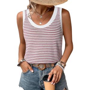 imageEVALESS Womens Tank Tops Summer Sleeveless Crewneck Ribbed Knit Striped Loose Fitted Blouses Basic Tees Cami ShirtsRed Stripe