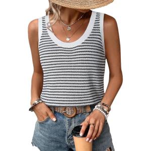 imageEVALESS Womens Tank Tops Summer Sleeveless Crewneck Ribbed Knit Striped Loose Fitted Blouses Basic Tees Cami ShirtsWhite Stripe