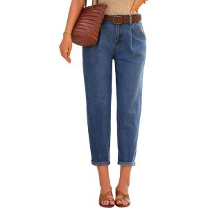 imageEVALESS Womens Baggy Jeans High Waisted Stretchy Boyfriend Barrel Denim Ankle PantsDark Blue