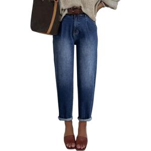 imageEVALESS Womens Baggy Jeans High Waisted Stretchy Boyfriend Barrel Denim Ankle PantsNavy Blue