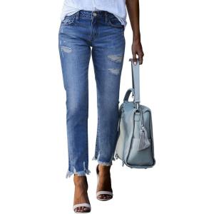 imageEVALESS Womens Jeans Mid Waisted Stretchy Ripped Distressed Tummy Control Straight Ankle Jean for Women Trendy 2025Blue