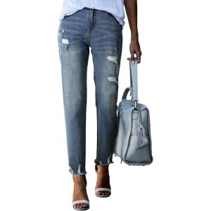 imageEVALESS Womens Jeans Mid Waisted Stretchy Ripped Distressed Tummy Control Straight Ankle Jean for Women Trendy 2025Real Teal
