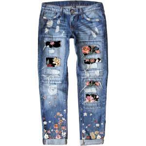 imageEVALESS Ripped Jeans for Women Plaid Patch Boyfriend Skinny Distressed Denim Jean Pants01 Sky Blue