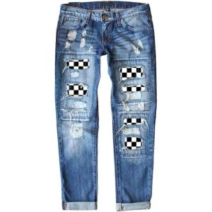 imageEVALESS Ripped Jeans for Women Plaid Patch Boyfriend Skinny Distressed Denim Jean Pants03 Sky Blue