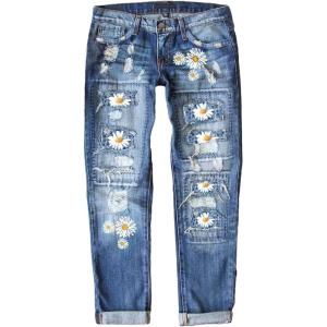 imageEVALESS Ripped Jeans for Women Plaid Patch Boyfriend Skinny Distressed Denim Jean Pants04 Sky Blue