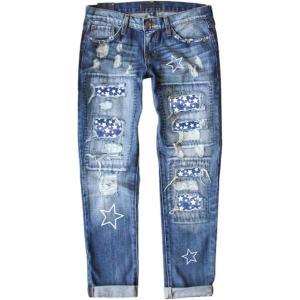imageEVALESS Ripped Jeans for Women Plaid Patch Boyfriend Skinny Distressed Denim Jean Pants05 Sky Blue