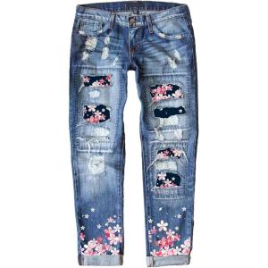 imageEVALESS Ripped Jeans for Women Plaid Patch Boyfriend Skinny Distressed Denim Jean Pants06 Sky Blue