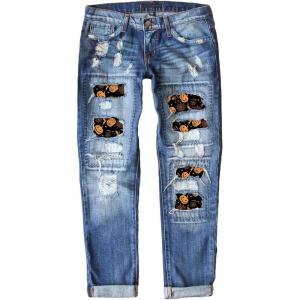 imageEVALESS Ripped Jeans for Women Plaid Patch Boyfriend Skinny Distressed Denim Jean Pants12 Halloween Sky Blue