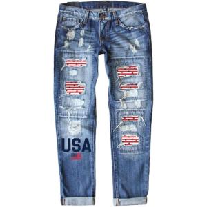 imageEVALESS Ripped Jeans for Women Plaid Patch Boyfriend Skinny Distressed Denim Jean Pants9a Sky Blue