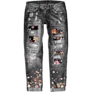 imageEVALESS Ripped Jeans for Women Plaid Patch Boyfriend Skinny Distressed Denim Jean PantsC93 Gray