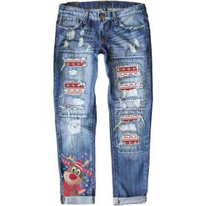 imageEVALESS Ripped Jeans for Women Plaid Patch Boyfriend Skinny Distressed Denim Jean PantsC95 Christmas Deer