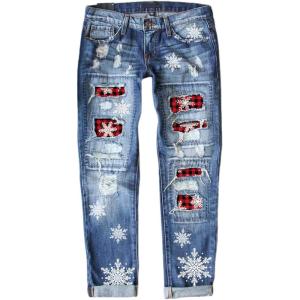 imageEVALESS Ripped Jeans for Women Plaid Patch Boyfriend Skinny Distressed Denim Jean PantsC95 Christmas Plaid