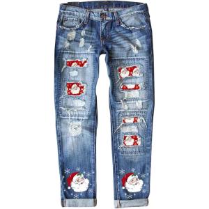 imageEVALESS Ripped Jeans for Women Plaid Patch Boyfriend Skinny Distressed Denim Jean PantsC95 Christmas Santa