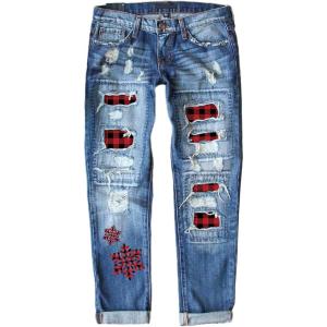 imageEVALESS Ripped Jeans for Women Plaid Patch Boyfriend Skinny Distressed Denim Jean PantsC95 Christmas Snow