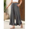 imageEVALESS Womens Wide Leg Pants Drawstring Elastic High Waisted Ruffle Hem Palazzo Pants with PocketsGrey
