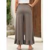 imageEVALESS Womens Wide Leg Pants Drawstring Elastic High Waisted Ruffle Hem Palazzo Pants with PocketsLigh Brown