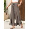 imageEVALESS Womens Wide Leg Pants Drawstring Elastic High Waisted Ruffle Hem Palazzo Pants with PocketsLigh Brown