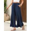 imageEVALESS Womens Wide Leg Pants Drawstring Elastic High Waisted Ruffle Hem Palazzo Pants with PocketsNavy Blue