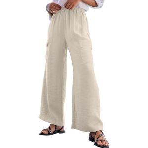 imageEVALESS Women Palazzo Pants Summer Casual Wide Leg High Waist Lounge Flowy Beach Trousers Travel Vacation OutfitsBeige
