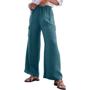 imageEVALESS Women Palazzo Pants Summer Casual Wide Leg High Waist Lounge Flowy Beach Trousers Travel Vacation OutfitsMineral Blue