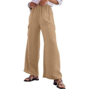 imageEVALESS Women Palazzo Pants Summer Casual Wide Leg High Waist Lounge Flowy Beach Trousers Travel Vacation OutfitsParchment