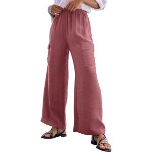 imageEVALESS Women Palazzo Pants Summer Casual Wide Leg High Waist Lounge Flowy Beach Trousers Travel Vacation OutfitsRose Pink