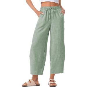 imageEVALESS Womens Baggy Wide Leg Pants Casual Drawstring Elastic Waisted Palazzo Harem Trousers with PocketsMist Green