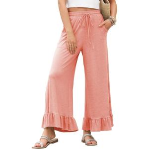 imageEVALESS Womens Wide Leg Pants Drawstring Elastic High Waisted Ruffle Hem Palazzo Pants with PocketsCoral Pink