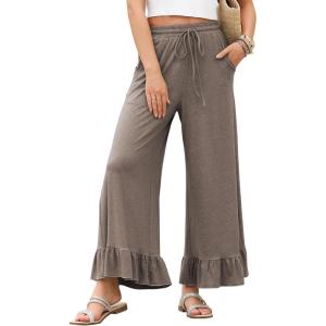 imageEVALESS Womens Wide Leg Pants Drawstring Elastic High Waisted Ruffle Hem Palazzo Pants with PocketsLigh Brown