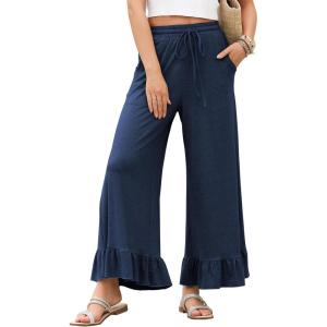 imageEVALESS Womens Wide Leg Pants Drawstring Elastic High Waisted Ruffle Hem Palazzo Pants with PocketsNavy Blue